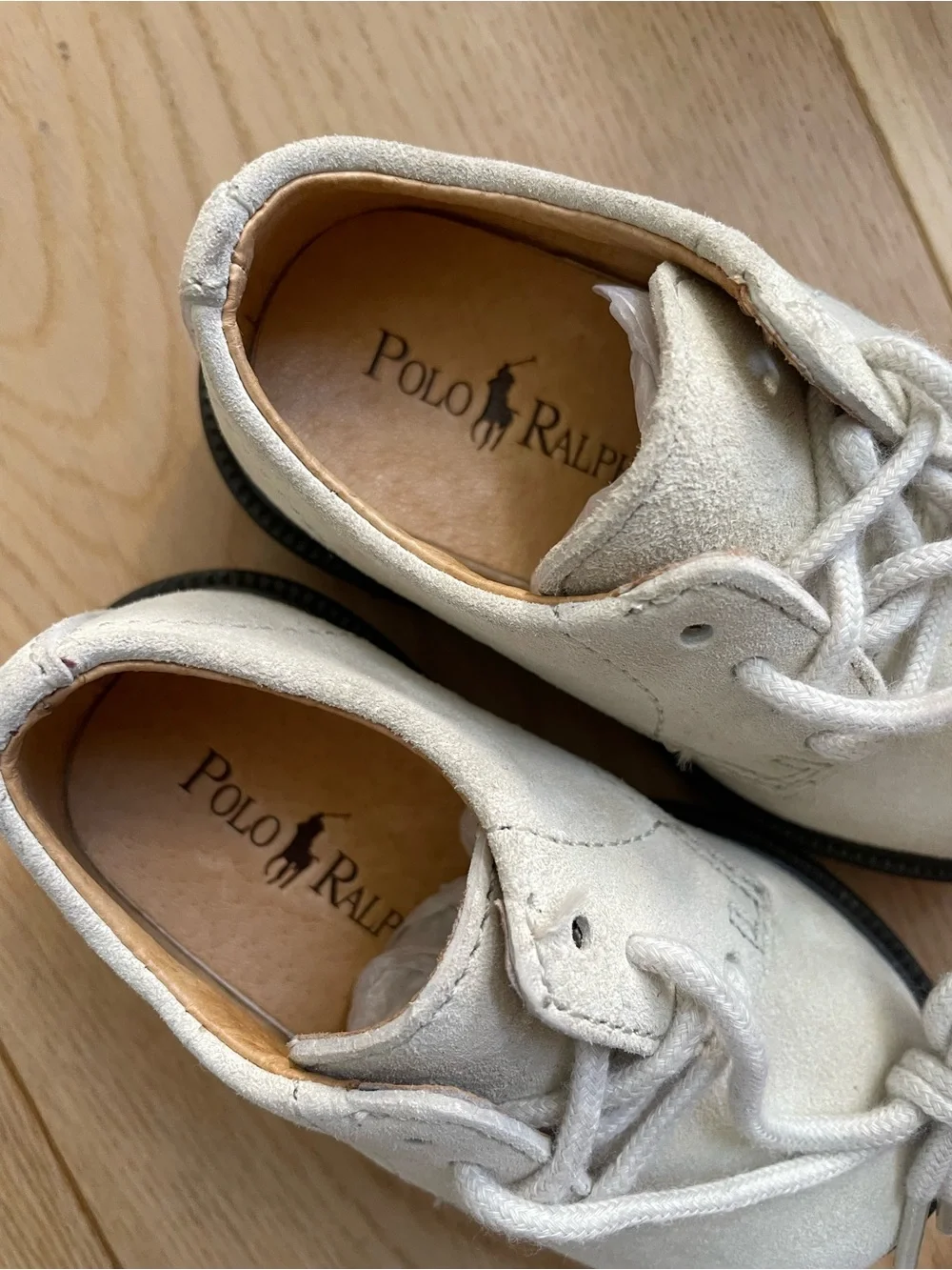 Polo by Ralph Lauren Kids Suede Lace-Up Oxfords in Off-White with Brown Trim